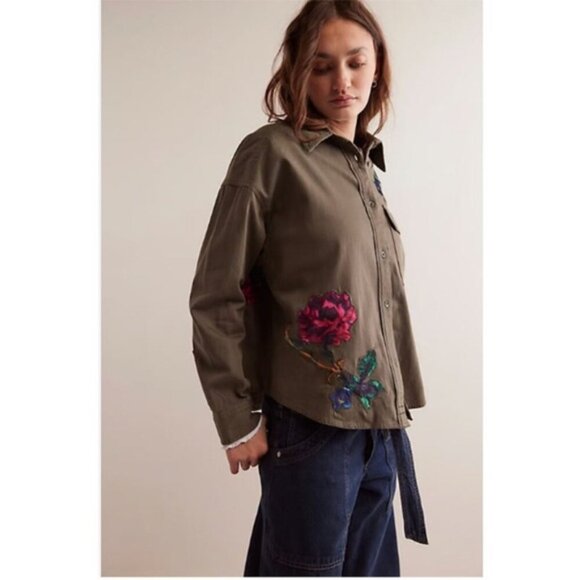 Free People We The Free Velvet Rose Green Button-Up Shirt Size XL - Picture 1 of 5
